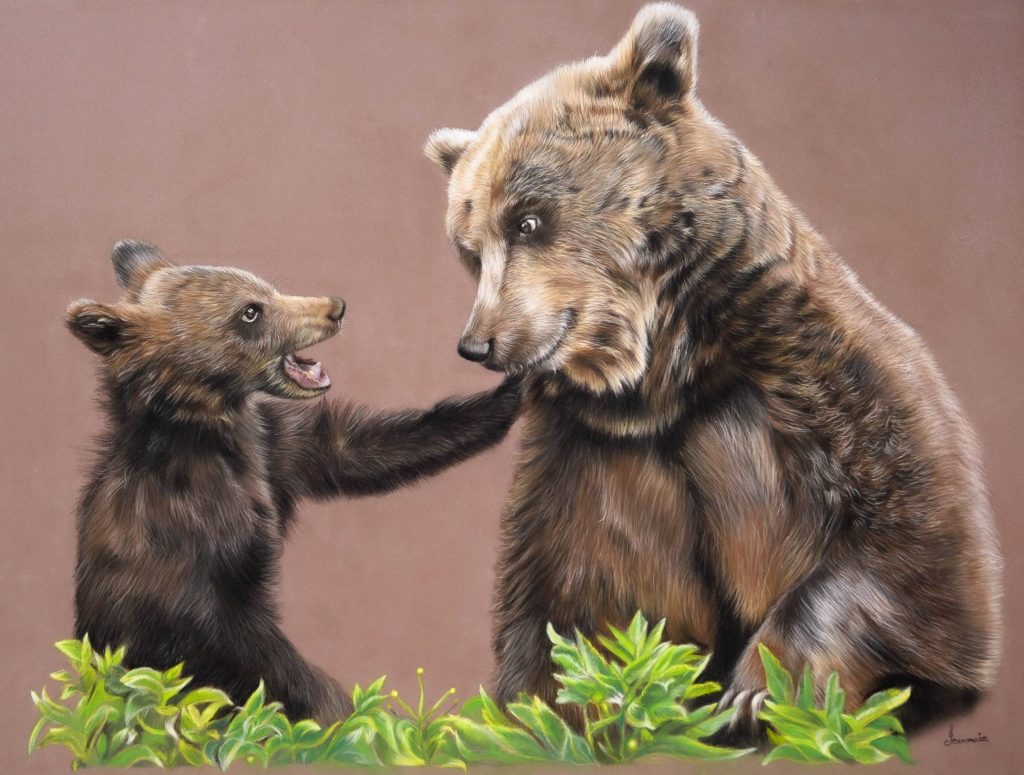 Original dry pastel painting of two bears by French artist Benoît Jeanmaire