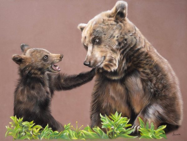 Original dry pastel painting of two bears by French artist Benoît Jeanmaire